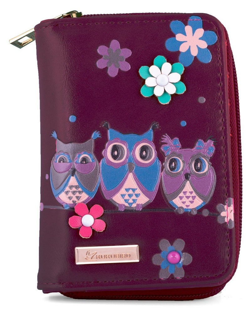 Kukubird Medium Purse 3 owl's floral - Purple - Kukubird_UK