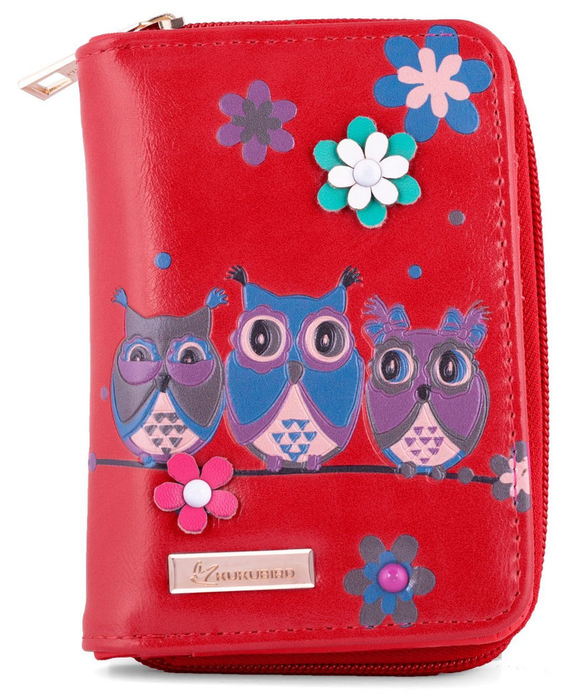 Kukubird Medium Purse 3 owl's floral - Red - Kukubird_UK