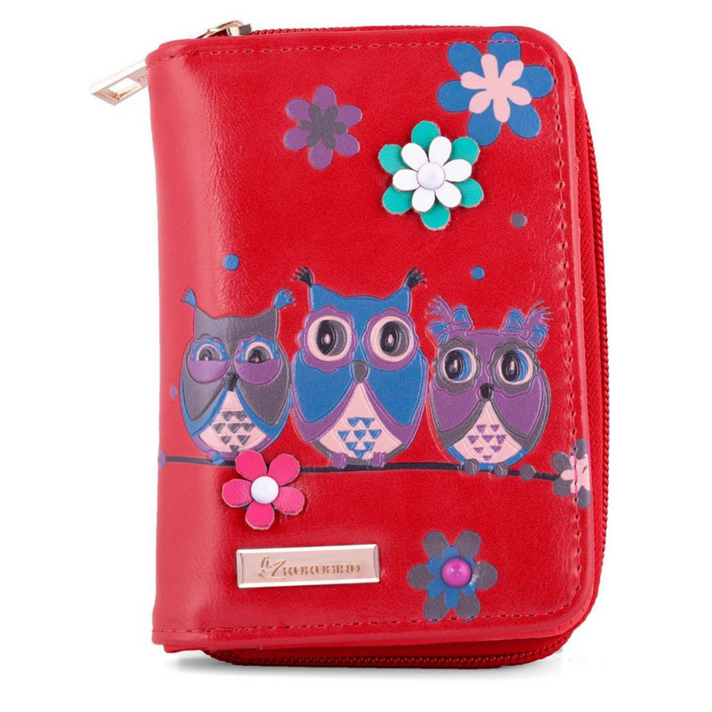 Kukubird Medium Purse 3 owl's floral - Red - Kukubird-UK